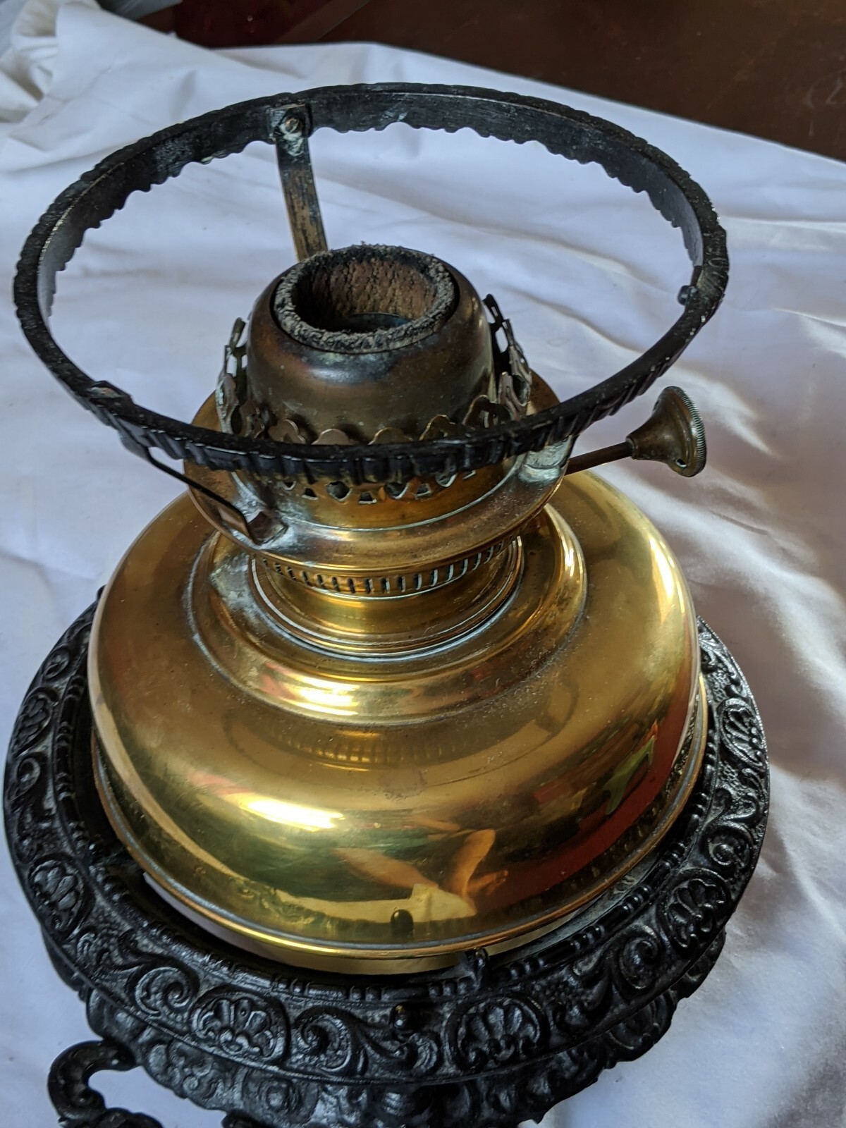 unusual ANTIQUE brass PARAFIN oil lamp iron cast base large shade (line