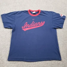 CLEVLAND INDIANS Shirt Mens XL Chief Wahoo NIKE Center Swoosh Blue Red