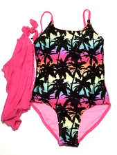 Art Class Girls' M (8) Tropical Print One Piece Swimsuit Set & Pink Wrap Skirt