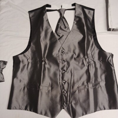 Pronto Uomo Vest Waistcoat Mens Lg Black Silver Geometric Neck Tie and Bow Tie