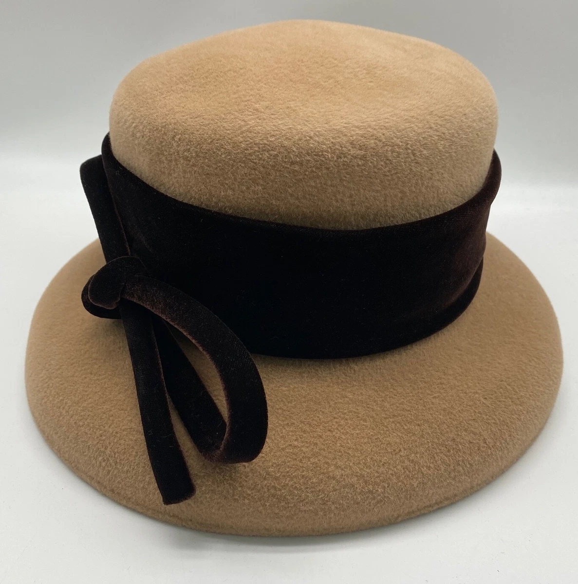 Whiteley made in England tan fur felt hat brown velvet trim bow