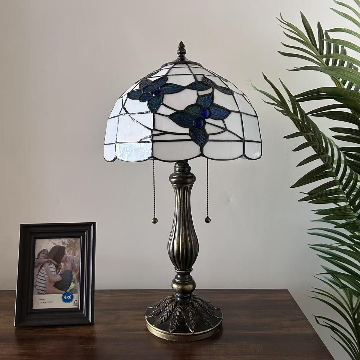 Tiffany Style Table Lamp White Stained Glass Blue Flowers LED