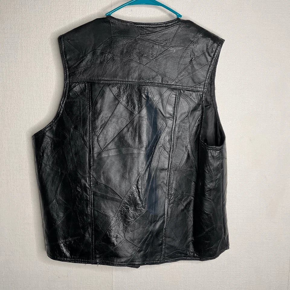Chaleco de cuero negro Hawg Hides vintage para motocicleta para hombre 2X retazos a presión completos Foto 3 de 4
