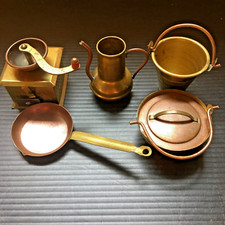 5 Vintage Copper Miniature Cookware Dollhouse Toy Pot Bucket Pan Coffee Grinder