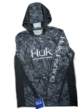 Huk Performance Fishing Hooded Black Camo Long Sleeve #144273 Sun Shirt Mens