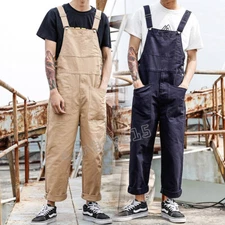 Retro Mens Cotton Suspender Overalls Pants Jumpsuit Casual Loose Trousers Romper