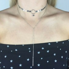 Silver Star Choker Necklace With Hanging Chain Pendant