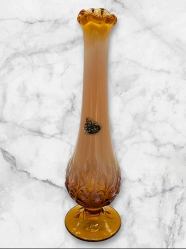 Fenton Cameo Opalescent Amber Glass Lily of the Valley Bud Vase Swung Glass 10"