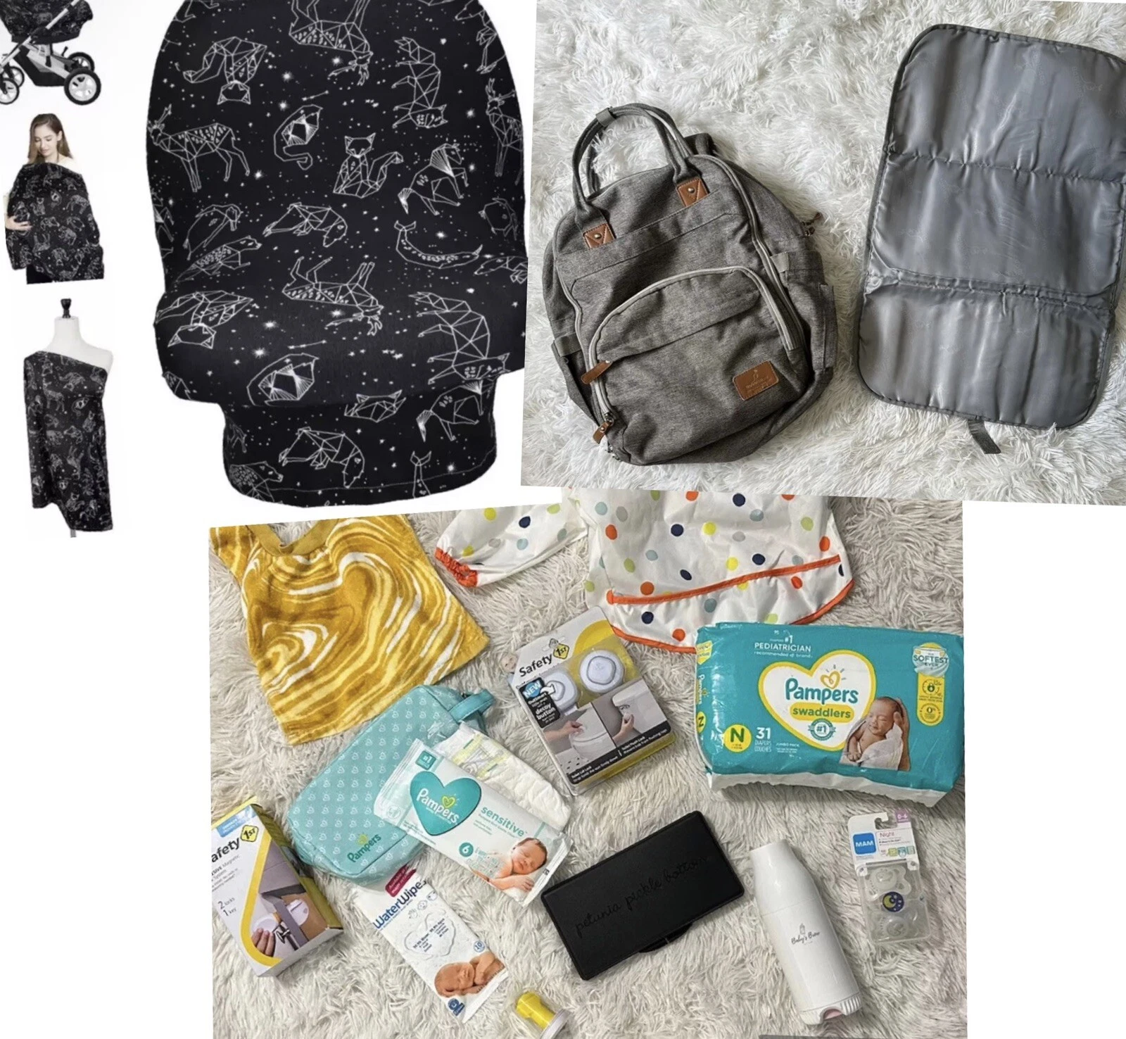 $125+ MSRP FILLED Diaper Bag Gift Petunia Pampers Frida Safety 1st Shusher LOT
