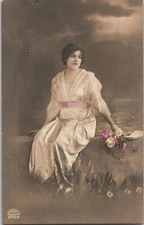 Victorian Style Beautiful Woman sitting by a Lake Vintage RPPC B127