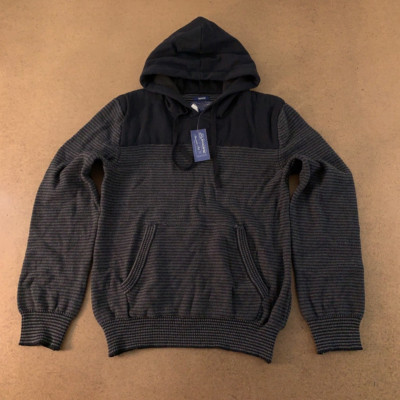 American Rag Cie Mens Pullover Sweater Dark Black Striped Hooded