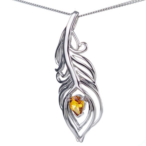 Citrine Necklace Sterling Silver Peacock Feather Yellow November Birthstone - Picture 8 of 11
