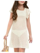 Girls Crochet Swim Cover Up Kids Ruffle Sleeve Hollow 11-12 Years Creamy-white