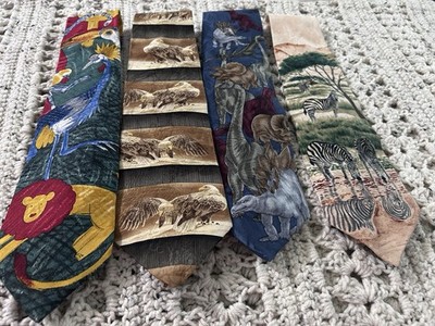 Mixed Brands Men's 4-Pc Silk Necktie Lot Multicolor Woven Animal Print Dino