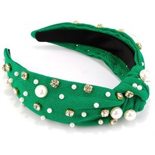 Green Headband Pearl Knotted Headband for Women Girls, Rhinestone Top Knot Cr...