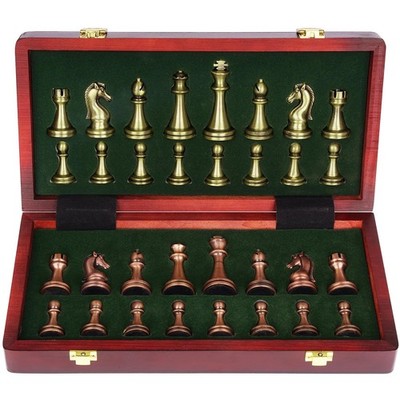 Agirlgle Retro Metal Chess Set with Folding Wooden Chess Board and Classic Handm