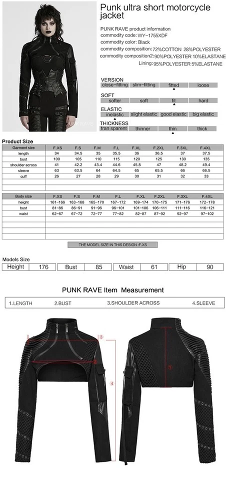 Jaqueta curta de motocicleta Punk Rave feminina preta gótica punk cropped slim fit casaco - Imagem 4 de 4
