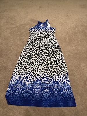 blue and black animal print dress Blue & Black Animal Print Ruched Detail Jersey Midi Dress