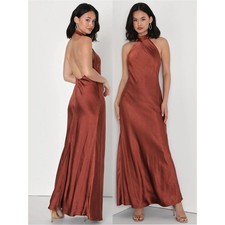 NWT Lulu’s Love in Your Life Rust Brown Satin Halter Maxi Dress Large Romantic