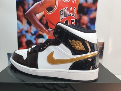 Nike Air Jordan 1 Mid Patent Black White Gold Men's UK 9.5 EUR