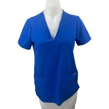 Figs Women's Blue Short Sleeve V Neck Pocket Medical Scrub T Shirt Top Size XS