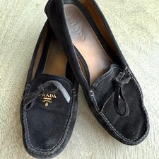 PRADA Suede Driving Loafers Brown Bow Logo Driving Shoes Made in Italy 37.5