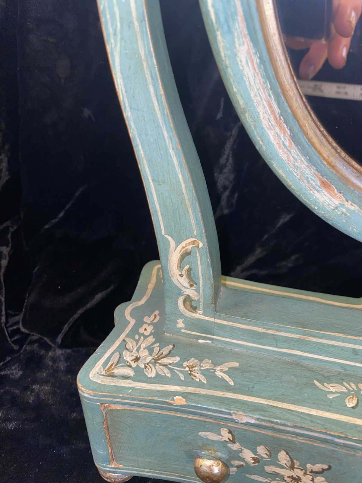 Vintage Blue FLORENTINE hand Painted Wood Tilt Mirror Dresser Vanity Jewelry Box