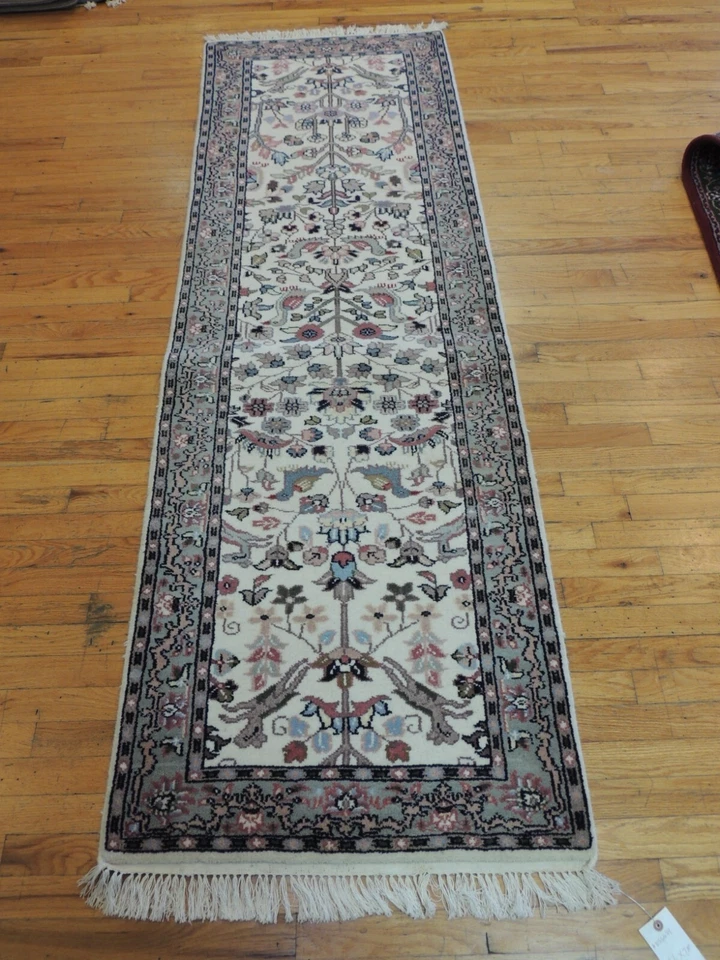 2x8 RUNNER Rug wool Hand knotted Tabrize Ivory Blue/Gray ANIMALS BIRDS Pink - Image 3 of 4