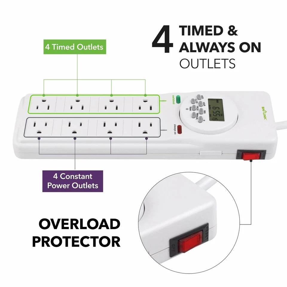 BN-LINK 8 Outlet Surge Protector with 7Day Digital Timer (4 Timed +4 Always On) - Image 2 of 4