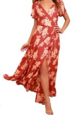 Lulu’s Heart of Marigold Dress Rust Red Floral Print Wrap Maxi Flowy SIZE XS  OC