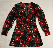 Urban Outfitters Dress Black Read Flowers/Green Leaves Long Sleeve Size Medium 
