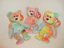 3 TY "Peace" Tie-Dyed Multicolor Bears w/ Tags