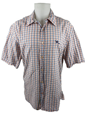 Rocawear Men XL Button Front Shirt Orange Blue White Plaid Pattern Textured