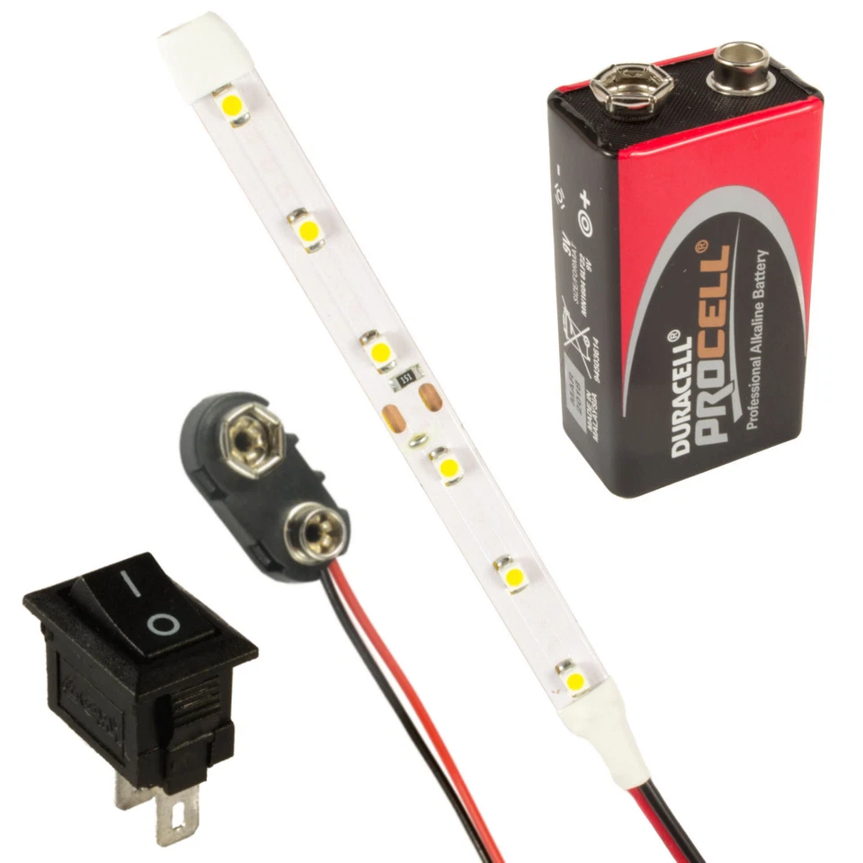 LED Strip Lights Lamps Kit Switch + PP3 + Battery All Colours & Lengths Prewired