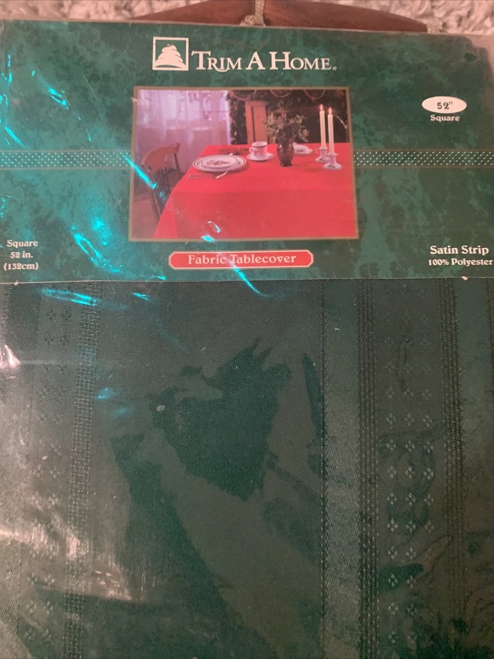 Trim A Home Satin Stripe Polyester Fabric Tablecloth 52x52” Square Green - Image 2 of 4