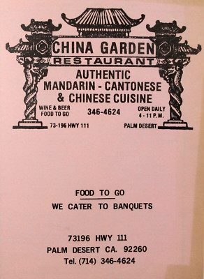 Vintage Chinese Restaurant Menu China Garden Cantonese Palm Desert CA 1970s