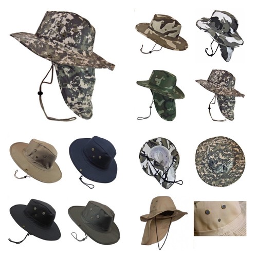 Bucket Cap Fishing Hiking Army Military Neck Cover Sun Flap Hunting Safari Hat - Picture 2 of 35