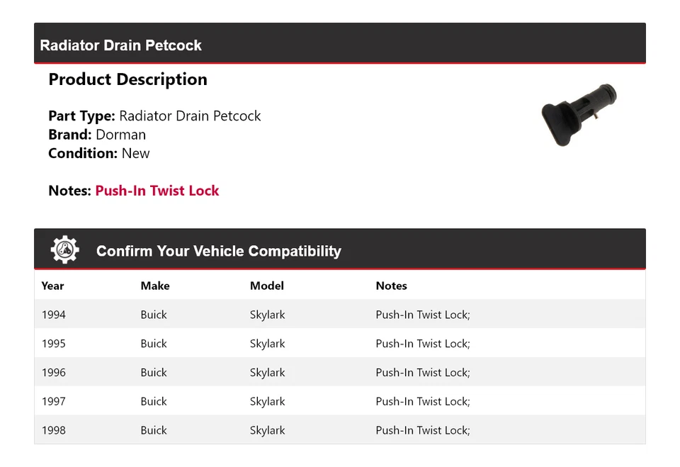 Para Buick Skylark Dorman 1994-1998 Radiador Drenaje Petcock 1995 1996 1997 Foto 2 de 4