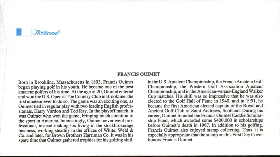 US FDC #2377 GOLF Francis Ouimet FLEETWOOD Cachet 25¢ 1988 - Image 2 of 2