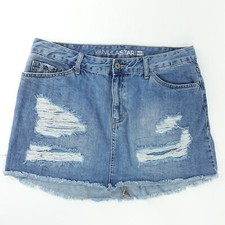 Vanilla Star Womens Jean Skirt Mini Distressed Blue Denim Juniors Size 13 Frayed