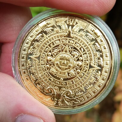 #ad Aztec Calendar Aztec Sun Stone Gold Plated Coin Mexican Art 1.57quot; $17.13