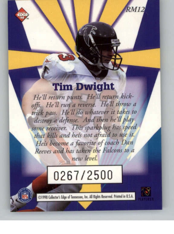 1998 Collector's Edge Masters Rookie Masters #RM12 Tim Dwight 2500 (ref 135395) - Image 2 of 2