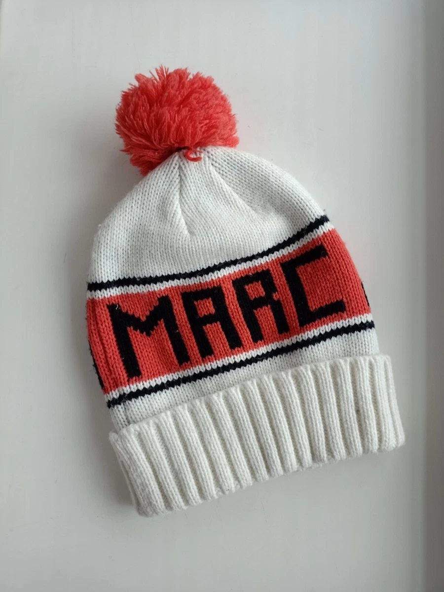 Marc Jacobs White Orange Beanie Hat One Size Pom Pom Winter Big Logo Name Knit