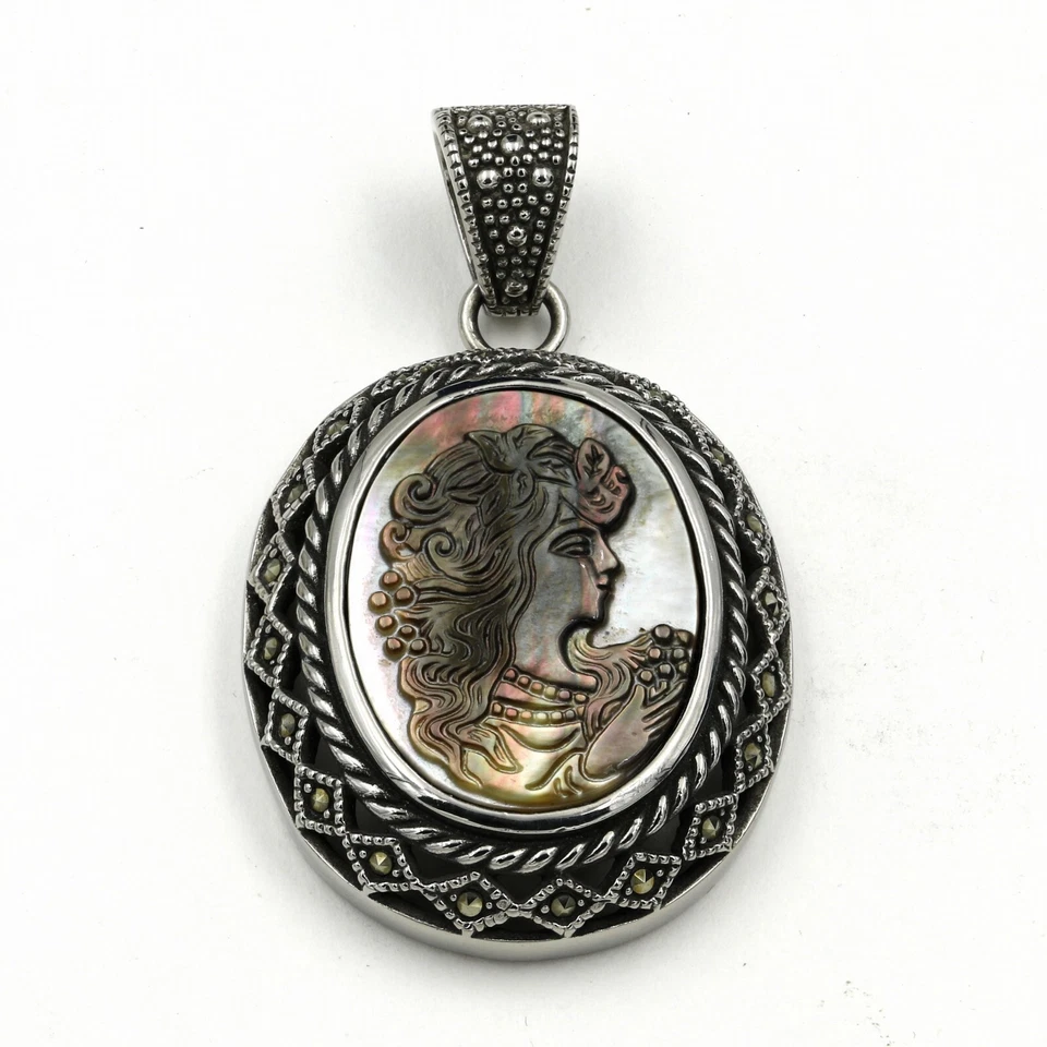 Colgante y pendientes de marcasita camafeo abulón acero inoxidable 316 Foto 2 de 4