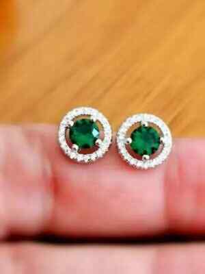 2.25Ct Lab Created Green Emerald Push Back Halo Stud Earring 14K White Gold Over