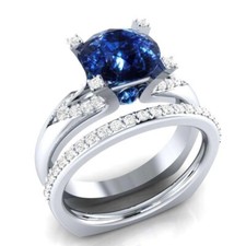 Bague de mariage en or blanc 14 carats saphir bleu rond 2,80 carats créée en ...