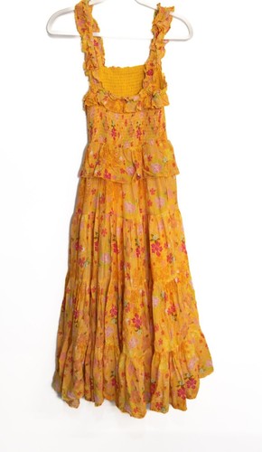 Vintage-Inspired Yellow Smocked Floral XS Maxi Dress W/ Ruffle Straps & Tiered - Picture 4 of 6