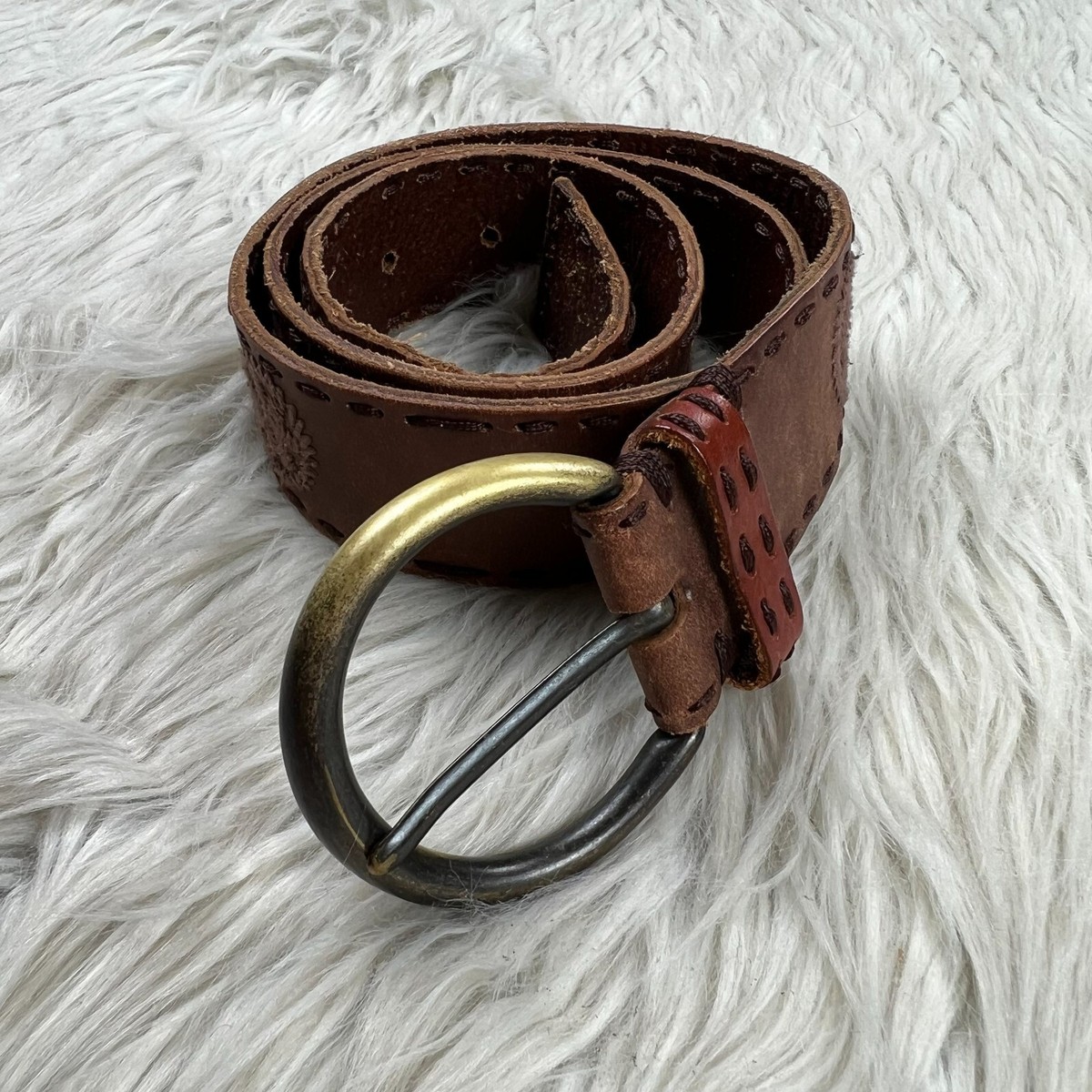 Linea‎ Pelle Collection Brown Leather Embroidered Belt Linea Pelle woven belt with‎ solid brass buckle large vintage main image 3
