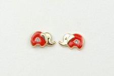 14k Yellow Gold Baby Enamel and CZ Elephant earrings, Screw Back
