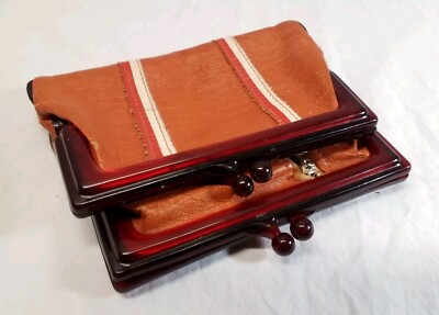 Unique Vintage Ocean Brand Foldover Clutch/ Wallet Leather W Bakelite Closures